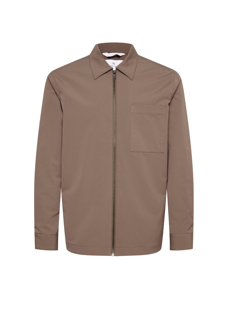 Veste zippée marron avec col, poche poitrine, manches longues et texture lisse. Dispose d'une fermeture éclair en métal sur le devant.