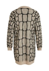 Beige stickad cardigan med ett svart geometriskt mönster. Designen har långa ärmar och en rundad krage, med en texturerad yta.