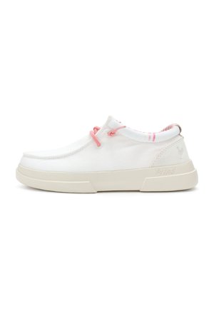 White canvas shoe with pink accents, featuring a low-profile design, rounded toe, and rubber sole with textured surface for grip.