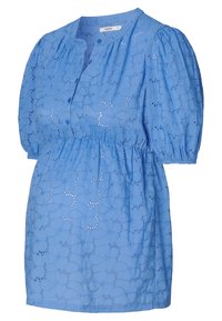 Blå bomullsklänning med knapp-up framsidan, puffärmar och broderade mönster med utskurna detaljer. Elastisk midja för form.