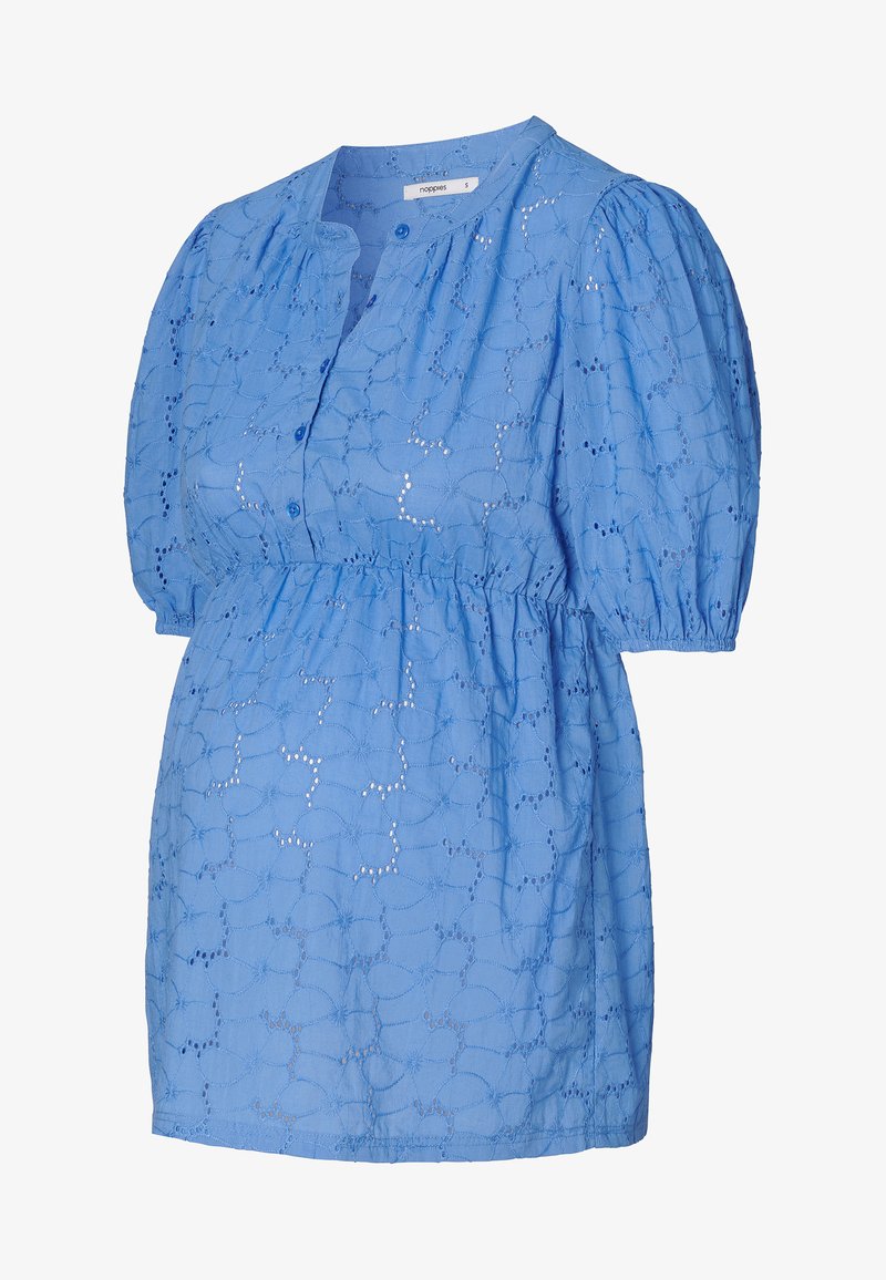 Blaues Baumwollkleid mit Knopf-Front, Puffärmeln und gestickten Mustern mit Ausschnitten. Elastischer Taillenbund für eine schmeichelhafte Form.