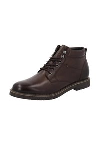 Stivale alla caviglia in pelle marrone con punta circolare, design con lacci, occhielli metallici, dettagli cuciti e suola in gomma testurizzata.