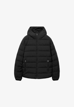 Black puffer jacket with a hood, featuring a zip front, two side pockets, and quilted design with horizontal sections for insulation.