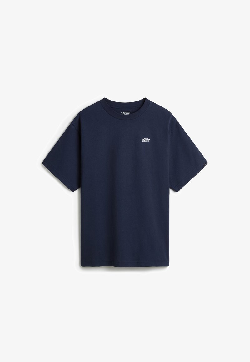 T-shirt Vans bleu marine à manches courtes avec petit logo Vans blanc sur le haut à gauche de la poitrine.