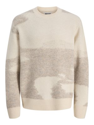 Pull en laine crème et gris clair à motifs, manches longues, col rond, poignets et bordures côtelés, étiquette Jack & Jones.