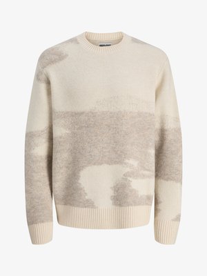 Pull en laine crème et gris clair à motifs, manches longues, col rond, poignets et bordures côtelés, étiquette Jack & Jones.