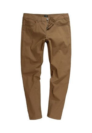 Bruine katoenen broeken met een rechte pasvorm, uitgerust met vo pockets, een ritssluiting en een knoopsluiting. Mooie, gladde textuur en uniforme kleur.