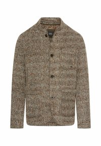 Braune Strickjacke mit strukturiertem Muster, Stehkragen, vorderen Knöpfen und zwei Seitentaschen. Eignet sich für die Herbst- und Wintersaison.