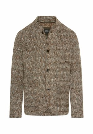 Brown knitted jacket with a textured pattern, standing collar, front buttons, and two side pockets. 适合秋冬季节的外套。