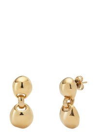 Pendientes de botón en tono dorado que presentan dos elementos redondeados y pulidos conectados con una textura suave, adecuados para diversas ocasiones.