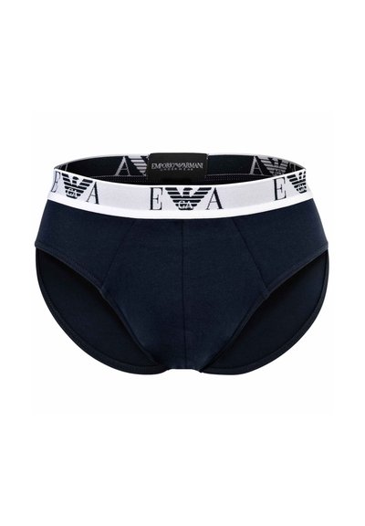 Μαύρα ανδρικά βρακάκια με λευκή ελαστική μέση που φέρει το λογότυπο Emporio Armani και το όνομα της μάρκας σε μαύρο κείμενο.