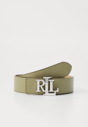 Green leather belt with a shiny silver rectangular buckle featuring the letters "R" and "L." Smooth texture and stitched edges.