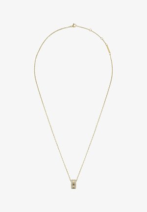 Guld kædedyse med en rektangulær pendants der har to lodrette rækker af klare sten, centralt placeret og forhøjet over kæden.