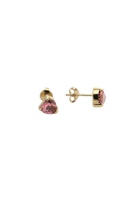 Guldörhängen med hjärtformade rosa stenar med facetterad yta, säkrade med stift och fjärilsklämma.