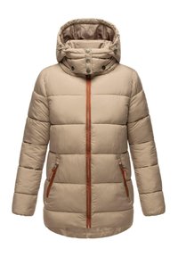 Beige puffer jacket with hood, zippered front, and two side pockets. Features horizontal quilted pattern and brown accents on the zippers.