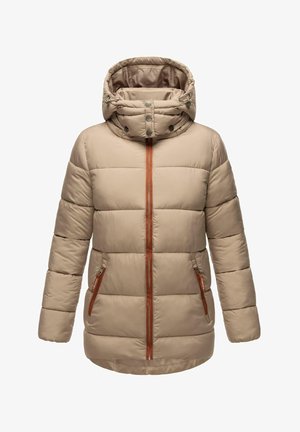 Doudoune beige avec capuche, fermeture éclair à l'avant et deux poches latérales. Présente un motif matelassé horizontal et des accents marron sur les fermetures éclair.
