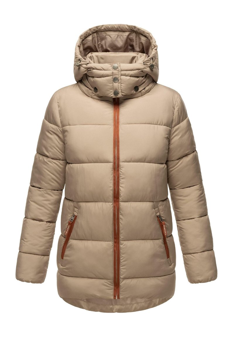 Beige puffer jacket with hood, zippered front, and two side pockets. Features horizontal quilted pattern and brown accents on the zippers.