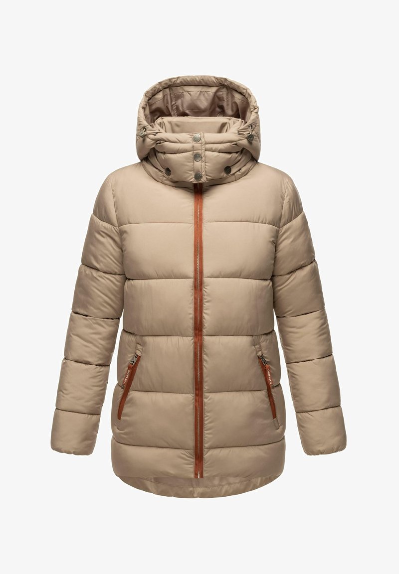 Beige puffer jacket with hood, zippered front, and two side pockets. Features horizontal quilted pattern and brown accents on the zippers.