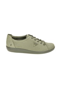 Light green suede sneaker with rounded toe, lace-up design, and rubber sole. Features a logo and triangle detail on the side.