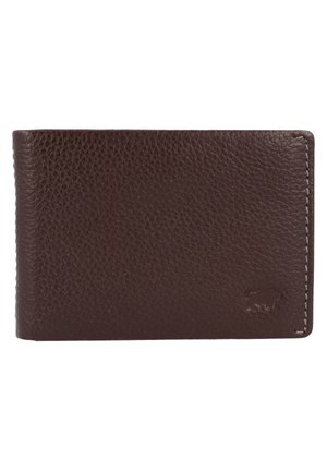 Donkerbruin leren portemonnee met een textuurafwerking, bi-fold ontwerp, contrasterende stiksel en een subtiel reliëflogo aan de voorkant.