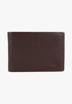 Donkerbruin leren portemonnee met een textuurafwerking, bi-fold ontwerp, contrasterende stiksel en een subtiel reliëflogo aan de voorkant.