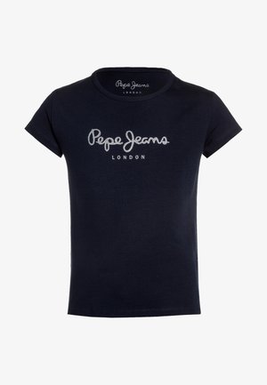 T-shirt bleu marine à manches courtes avec le logo "Pepe Jeans London" brodé en blanc sur la poitrine et à l'intérieur du col.