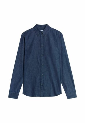 Mörkblå långärmad jeansskjorta med knäppning vid kragen och svarta knappar framtill och på ärmkanterna, laid flat på vit bakgrund.
