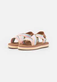 Sandali con lacci, realizzati con tomaia in tessuto a righe multicolori e suola esterna in sintetico marrone. Presentano una soletta imbottita e un design leggero.