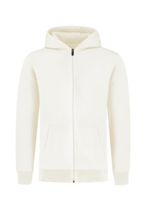 Witte zip-up hoodie gemaakt van zachte stof. Voorzien van een voorrits, twee zijzakken en een capuchon met een minimalistisch ontwerp.