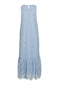 Light blue lace dress featuring floral patterns, sleeveless design, and a flared hem. Keyhole detail at the back.