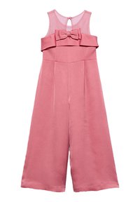 Tuta rosa con un corpetto aderente, design a gamba larga e un fiocco in vita. Presenta un'apertura a chiave sul retro e una texture liscia.