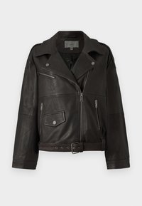Black leather biker jacket with silver zippers, snap buttons, and side pockets; features a belted waist and wide collar design.