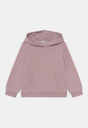 Sweat à capuche rose poudré pour enfants avec poche kangourou à l'avant et poignets et ourlet côtelés, présenté sur fond blanc.