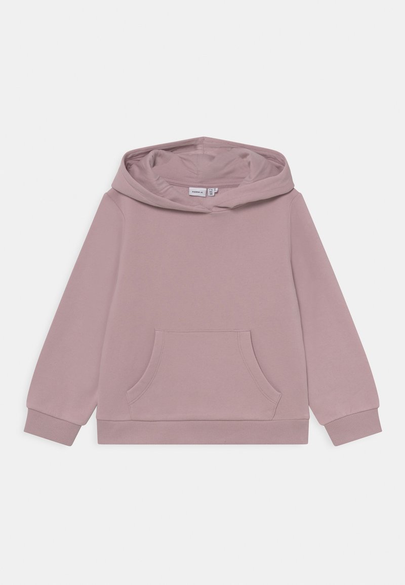 Sweat à capuche rose poudré pour enfants avec poche kangourou à l'avant et poignets et ourlet côtelés, présenté sur fond blanc.