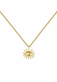 Collar de oro con un colgante en forma de ojo con rayos. El colgante tiene un acento redondo central, con un acabado texturizado y un diseño de eslabones de cadena.