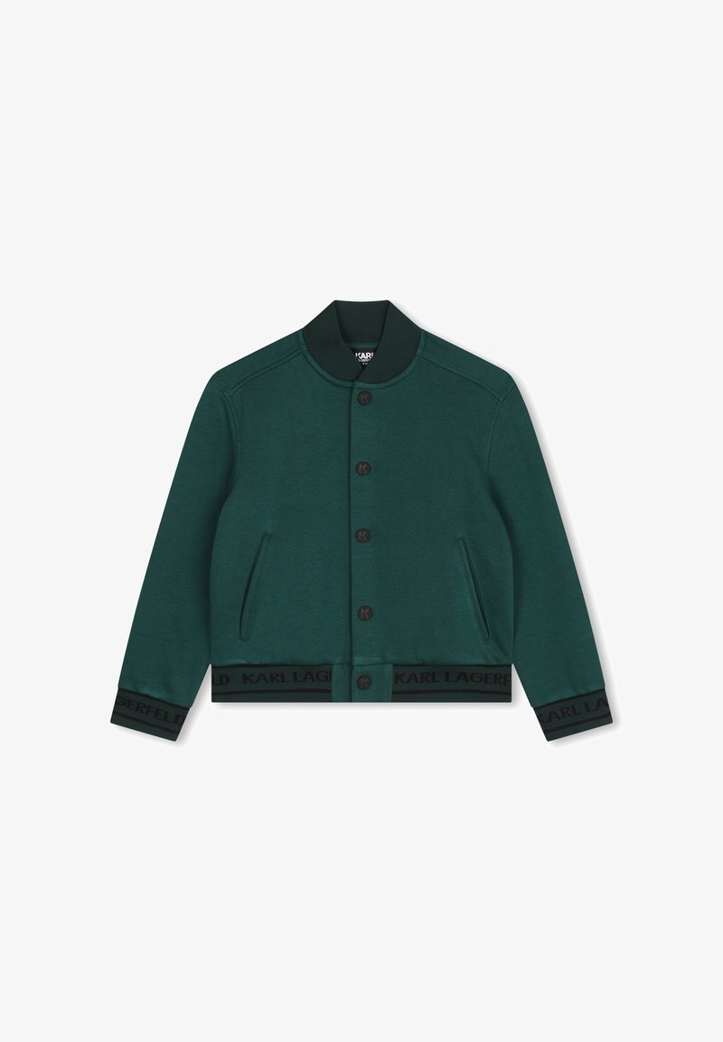 Veste en tricot verte avec un col montant, fermeture à boutons, deux poches avant et une taille noire avec le logo "KARL LAGERFELD".