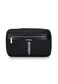 Sac rectangulaire noir en tissu texturé, avec une poche zippée à l'avant et des rayures grises. Construction durable avec un design élégant.