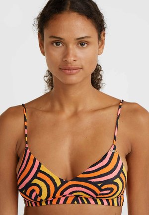 Dreieckiger Bikini-Oberteil mit einem wirbelnden Muster in Orange, Pink und Schwarz. Verstellbare dünne Träger und ein glattes, dehnbares Material.