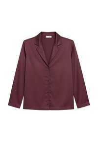 Camisa de satén burdeos con mangas largas, collar tipo notch, cierre frontal de botones y textura suave. Presenta un brillo sutil y un diseño minimalista.
