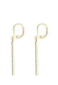 Orecchini in oro con un design lungo e sottile, caratterizzati da una barra dritta decorata con piccoli cristalli trasparenti su un lato e una chiusura a leva.