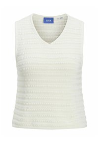 Witte gebreide mouwloze top met een V-hals, voorzien van een textuur met gestreept patroon. Het etiket binnenin toont de merknaam "JJXX" en maat "S."