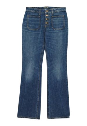 Niebieskie dżinsy z denimu z zapięciem na guziki, dwoma naszywanymi kieszeniami z przodu i lekko rozszerzanymi nogawkami.