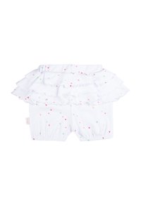 Completo corto in cotone bianco con pois multicolori. Presenta un colletto arricciato e una vita elastica. Tessuto morbido, design informale per bambini.