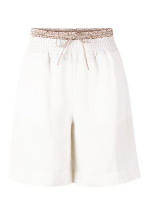 Weiße Leinen-Shorts mit einem gesmokten, beigen elastischen Bund und Kordelzug. Sie bieten eine lockere Passform und einen glatten Saum.