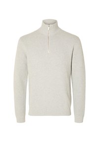 Hellgrauer Pullover mit eingefasstem Kragen und halbhohem Reißverschluss. Verfügt über gerippte Bündchen und Saum, gefertigt aus einem strukturierten Strickmaterial.