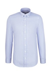 Chemise homme bleu clair à manches longues, boutonnée, avec un motif à carreaux subtil et une seule poche poitrine.