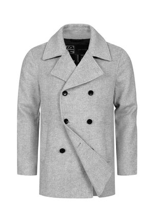 Manteau gris croisé avec une texture en chevrons. Il présente un large col, des boutons noirs et des poches avant. Design classique et ajusté.