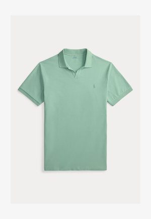 Mint green short-sleeve polo shirt with collar, V-notch neckline, and small embroidered logo on the chest.
