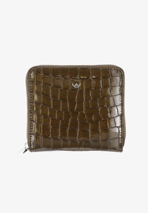 Portefeuille marron en cuir à motif crocodile avec fermeture éclair tout autour et petit logo argenté centré sur le devant.