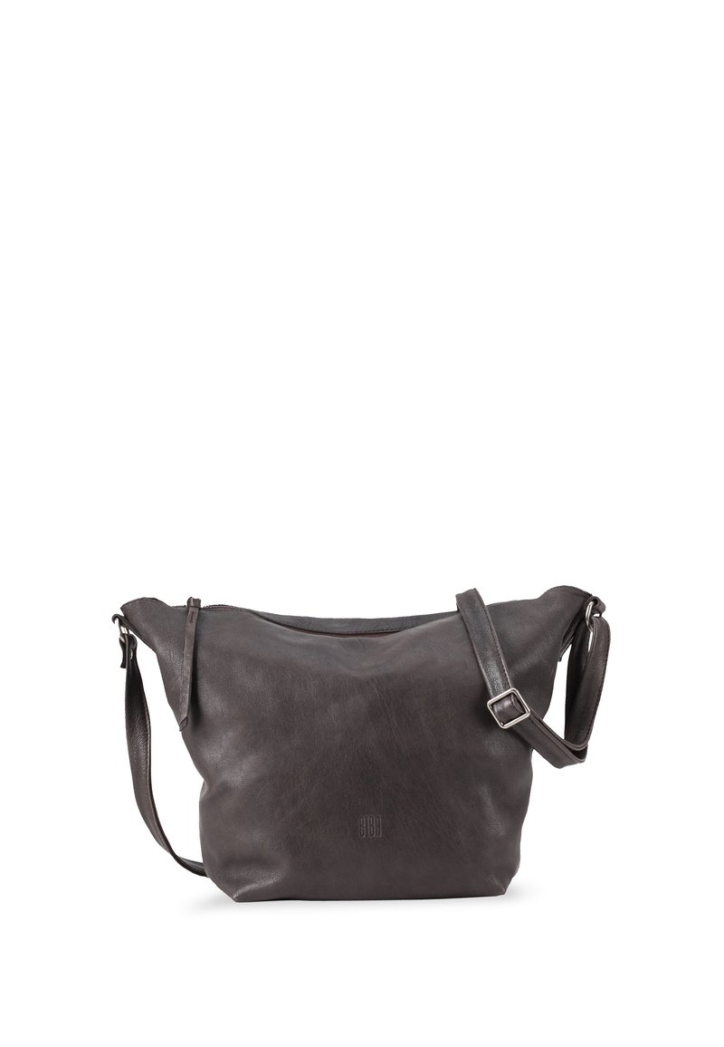 Borsa a spalla in pelle grigio scuro con una texture morbida, chiusura a zip e una lunga tracolla regolabile. Presenta un branding sottile sulla parte anteriore.